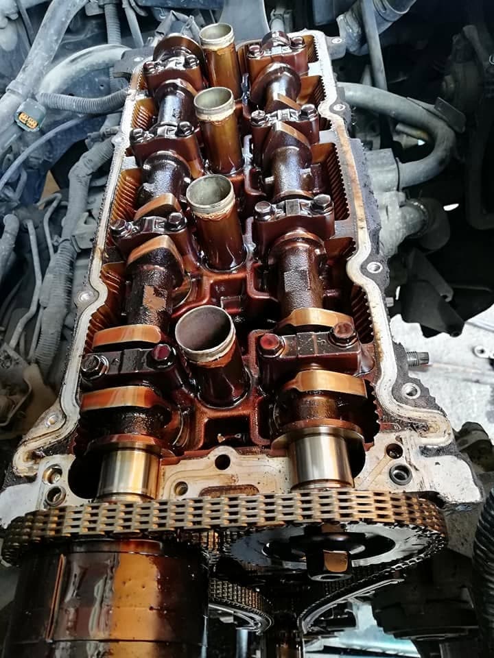 A twin-cam cylinder head opened up with the timing chain and both camshafts exposed, coated in dark oil varnish